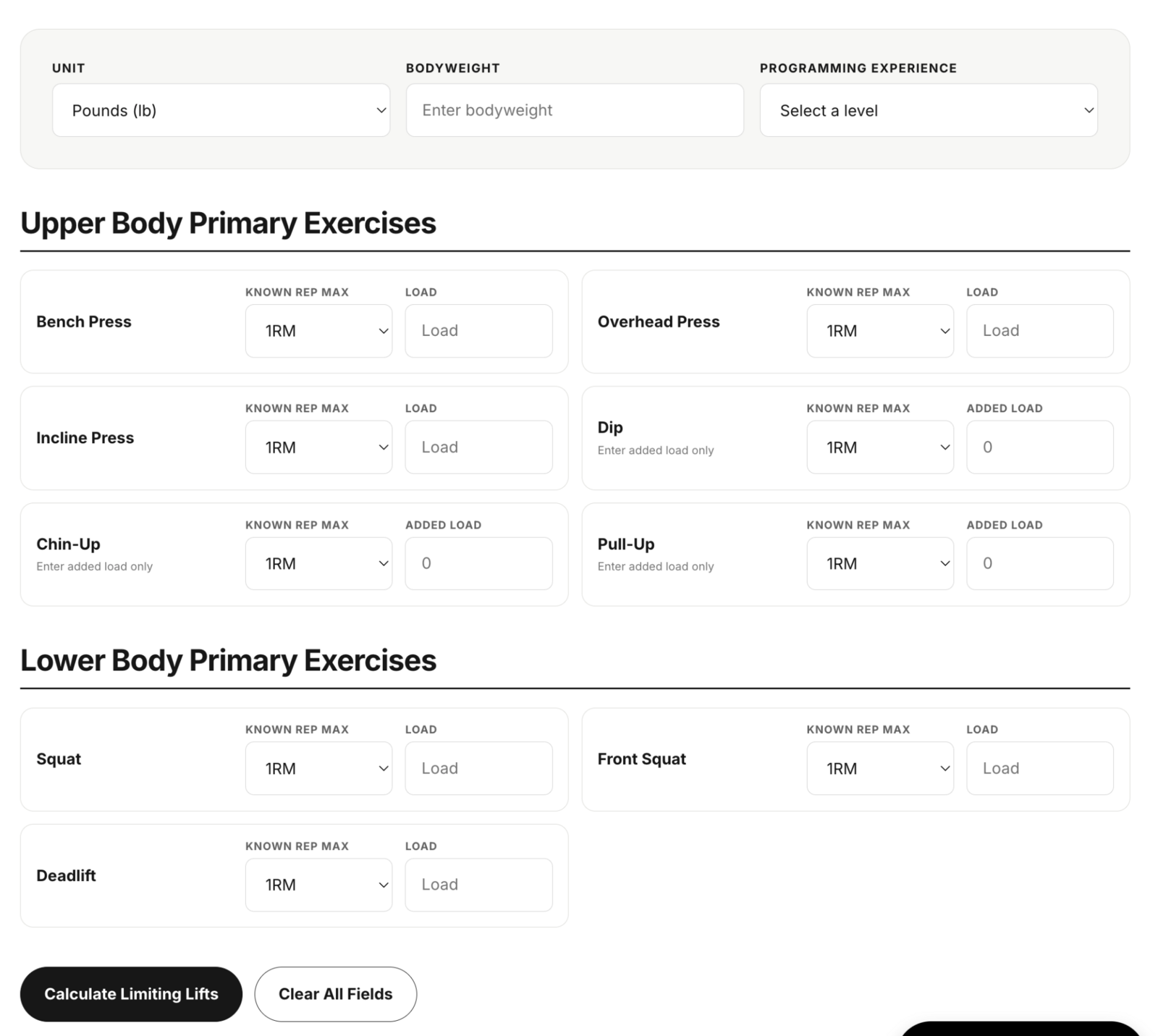 KILO Limiting Lift Calculator input screen